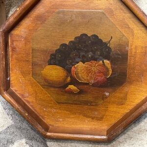 Vintage 1960 Wood  octagon Shaped Serving Tray Still Life Fruit Image
